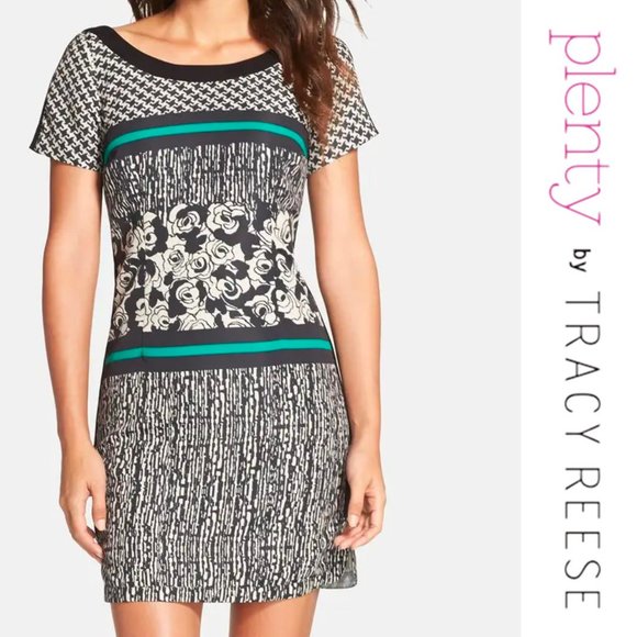Plenty By Tracy Reese Faille Dress Francesca Mini Shift Black White Green Size 8 - Picture 1 of 7